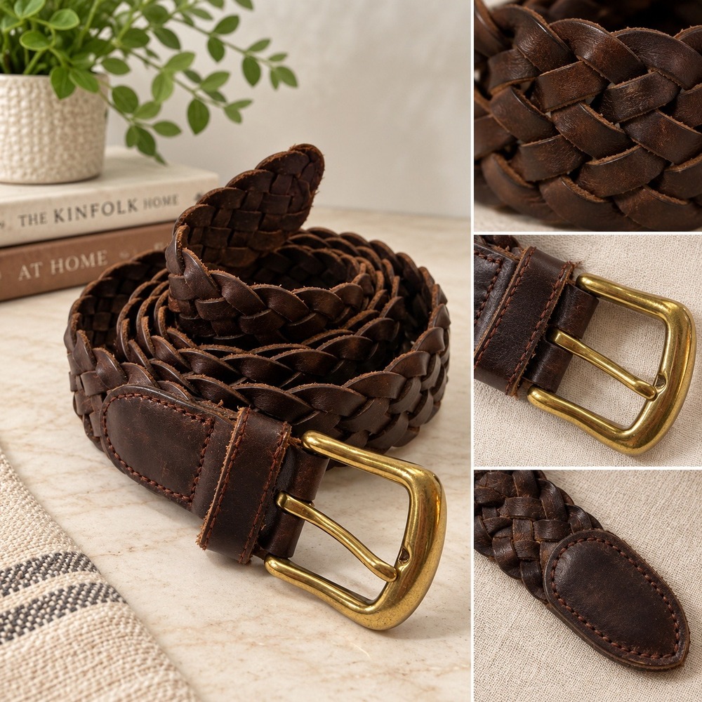 Mens Dark Brown Braided Leather Belt Solid Brass Buckle Size 42 44 Western Rodeo